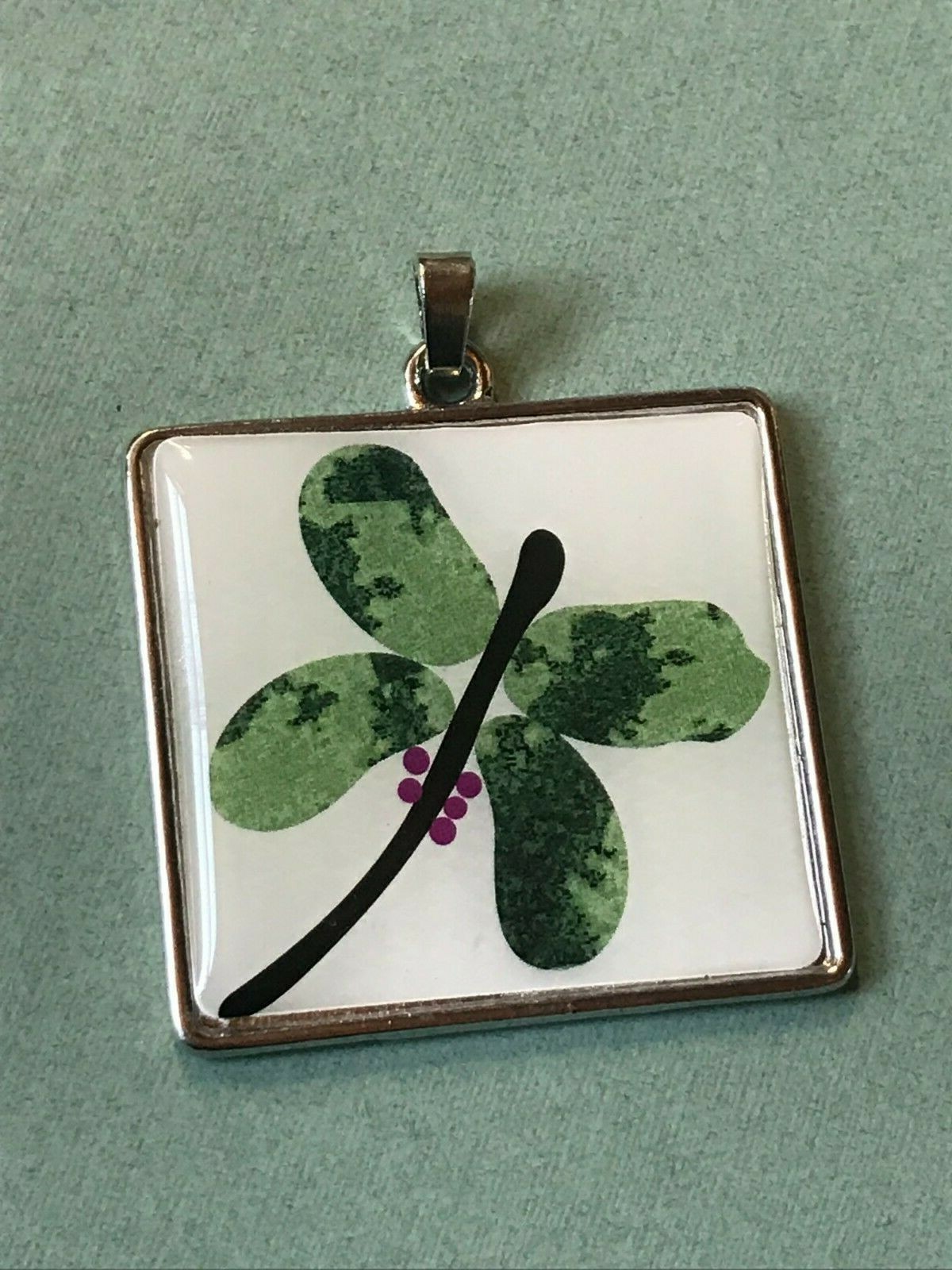 Estate Large White Square w Green & Purple Dragonfly Silvertone Pendant – 1.5 x