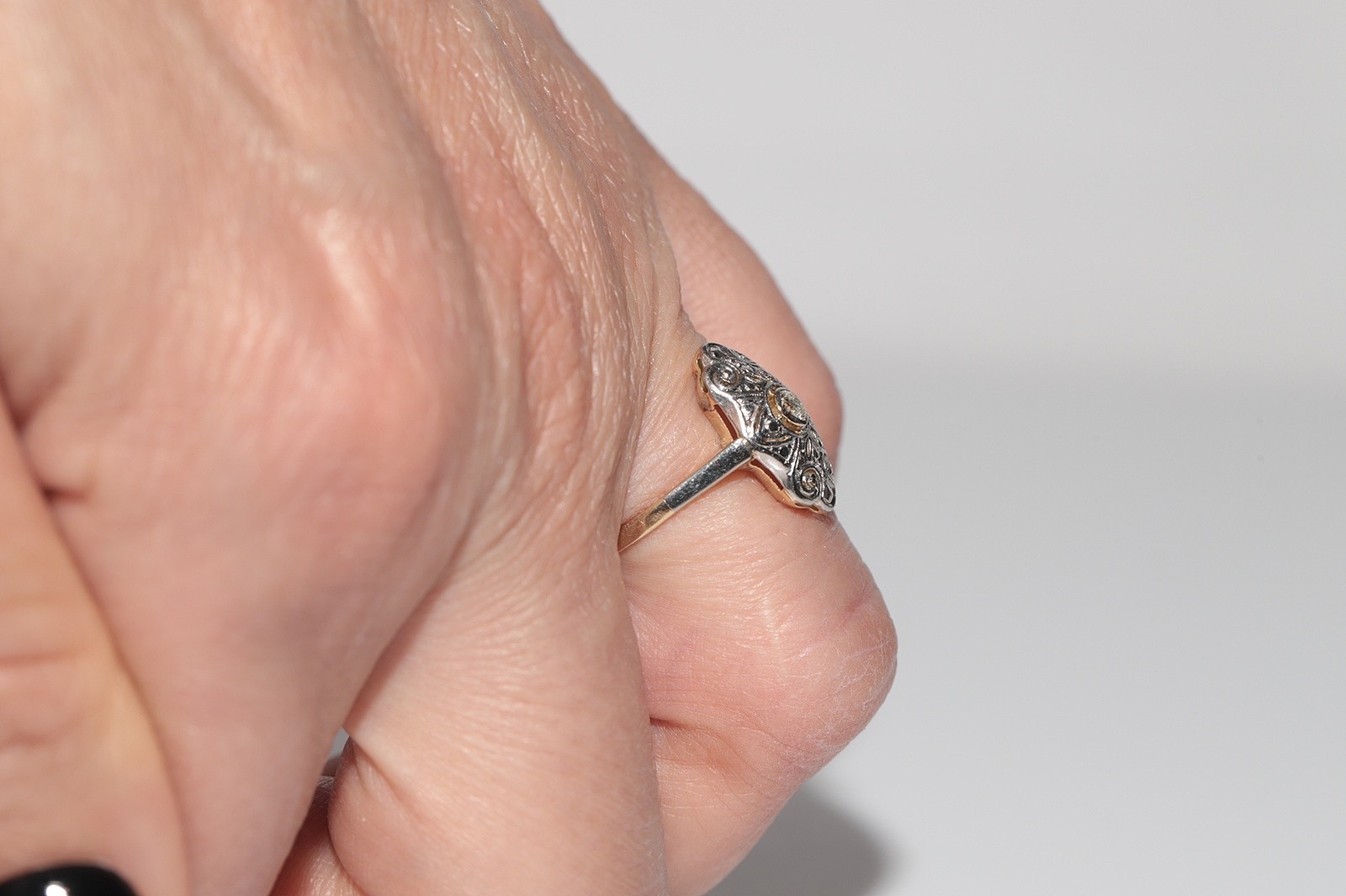 Antique Circa 1920s Art Deco 14k Gold Natural Diamond Decorated Navette Ring