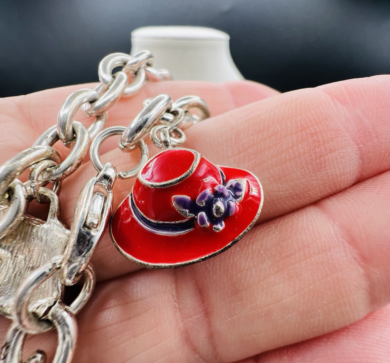 Vintage Enamel Charm Bracelet Purse Hat High Heel Shoes Silver Tone Fashion
