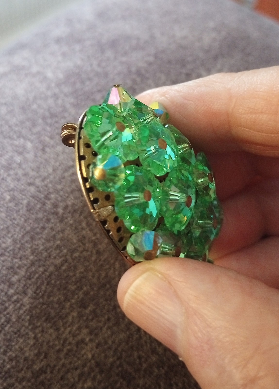 Lime Green Rivoli Crystal Flowers Vintage Costume Brooch