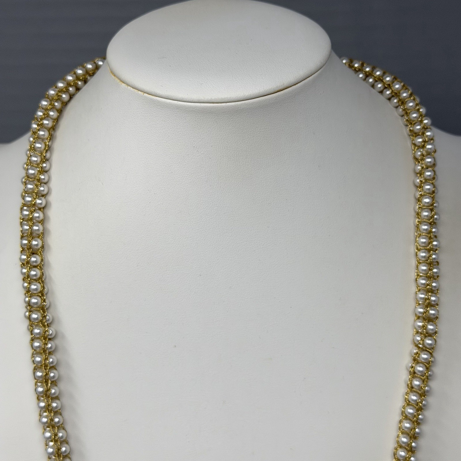 Mini Faux Pearl Necklace Gold Tone Woven Tension Layers Twist Stretchy Handmade