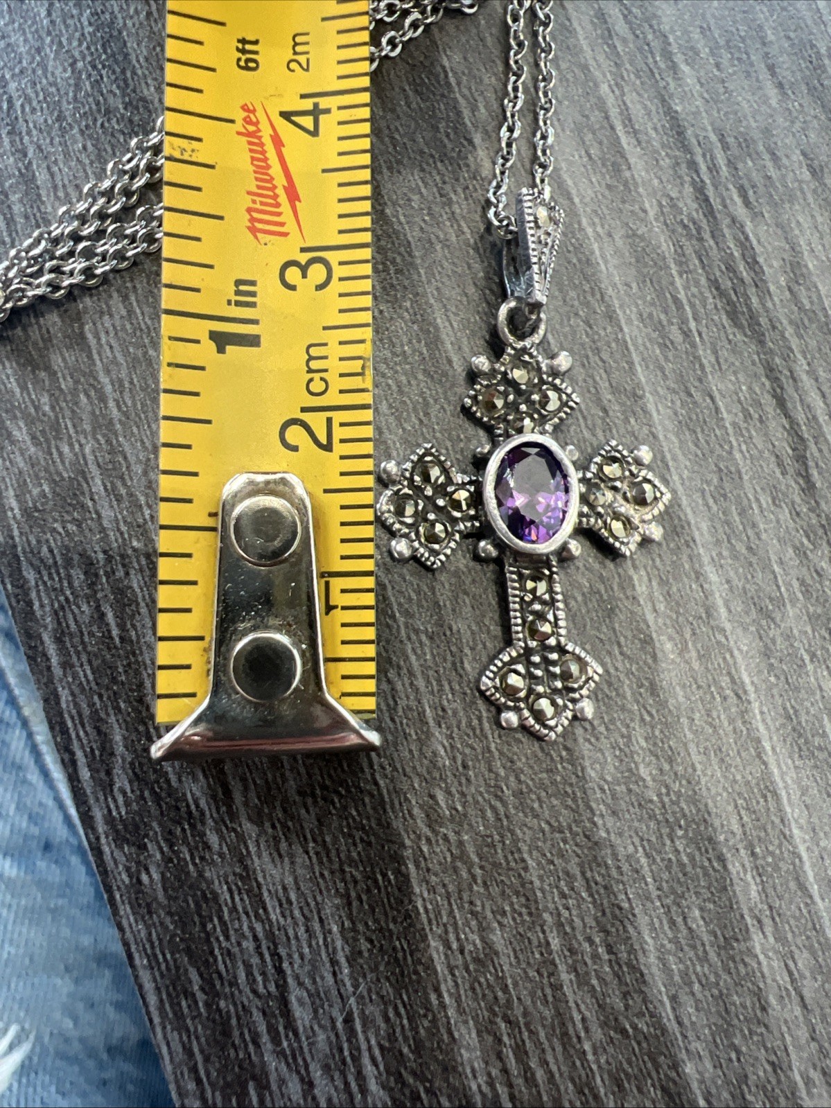 Vintage Signed CW Sterling Silver 925 Amethyst Marcasite Cross Pendant Necklace