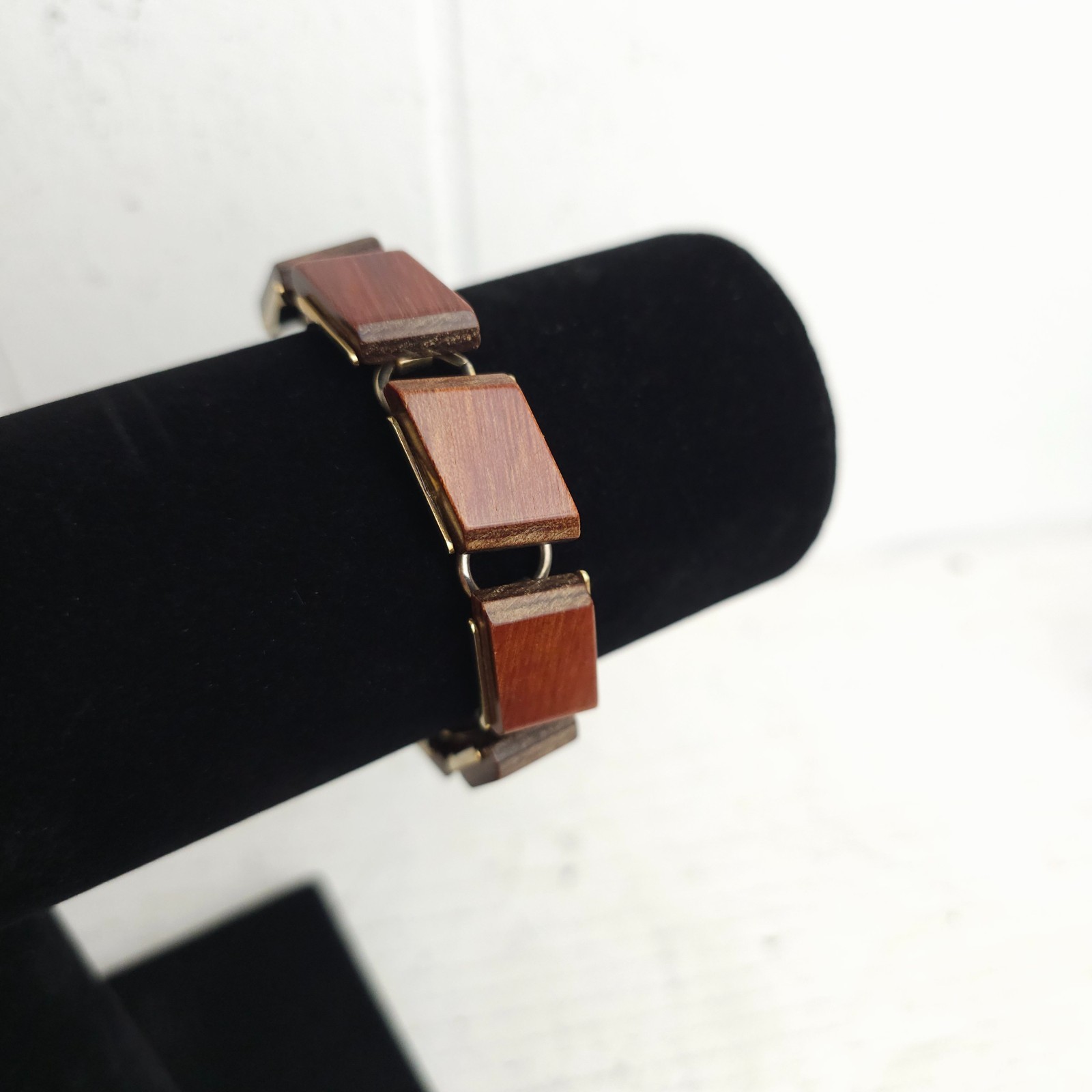 Vtg Modernist MCM Wood Tile Link Bracelet Boho 1960s 70s Earthy Natural Minimal
