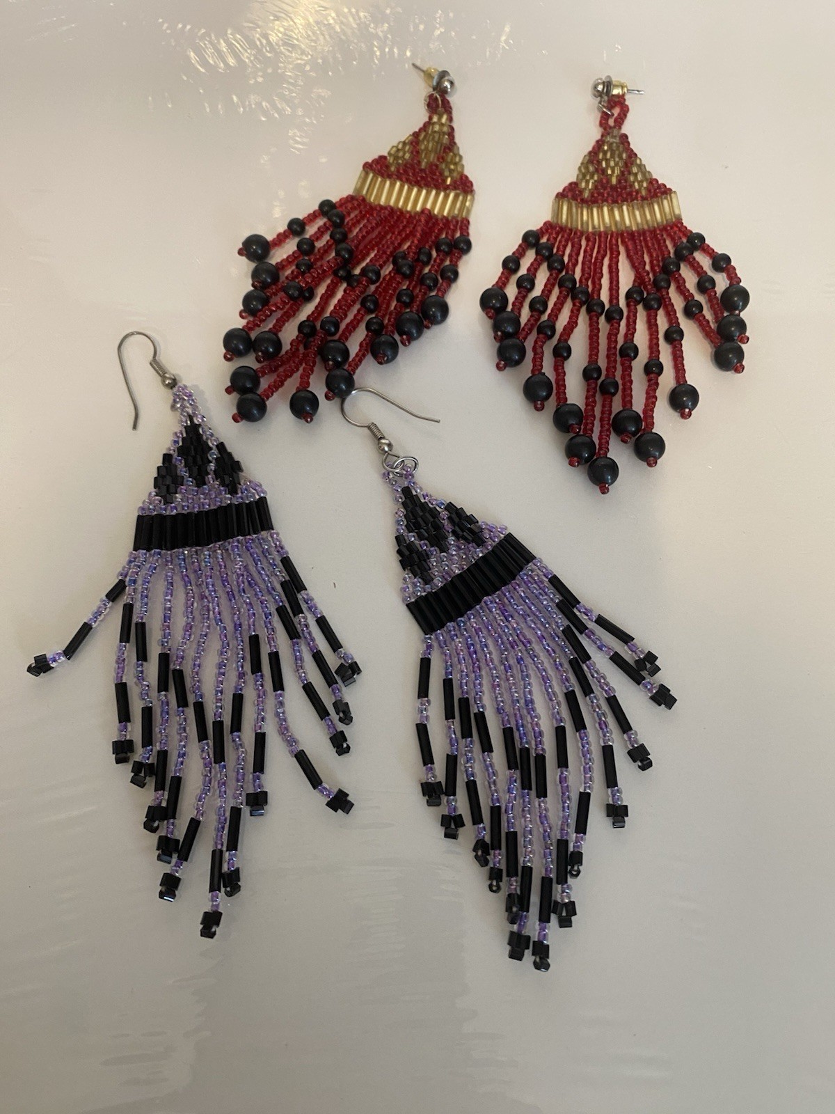 Vintage Earrings 2pr Red Purple Micro Beaded 4in Fringe Style for Pierced Ears