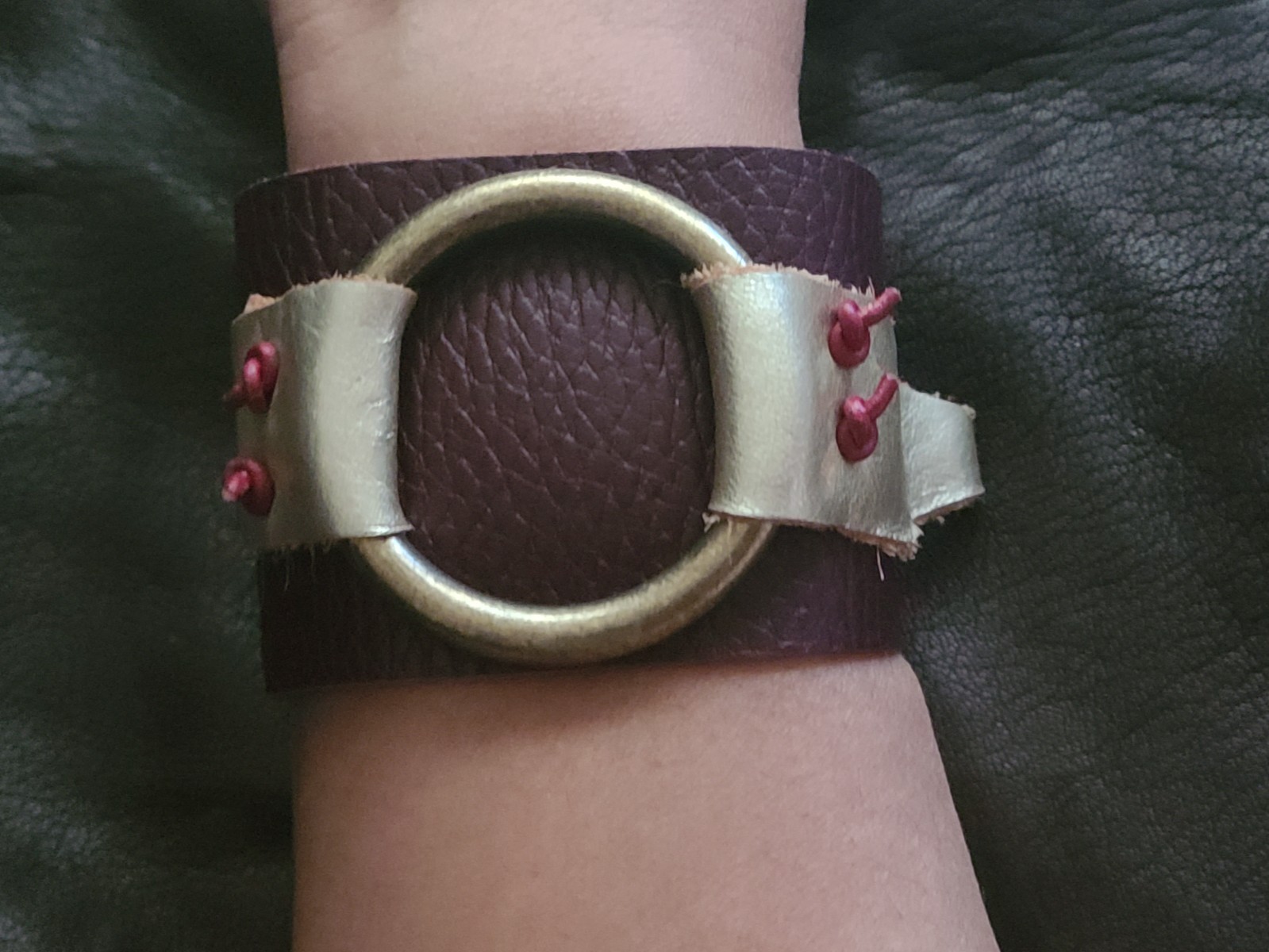 MyxxBlenz leather cuff bracelet with brass ring. Wearable art NWOT