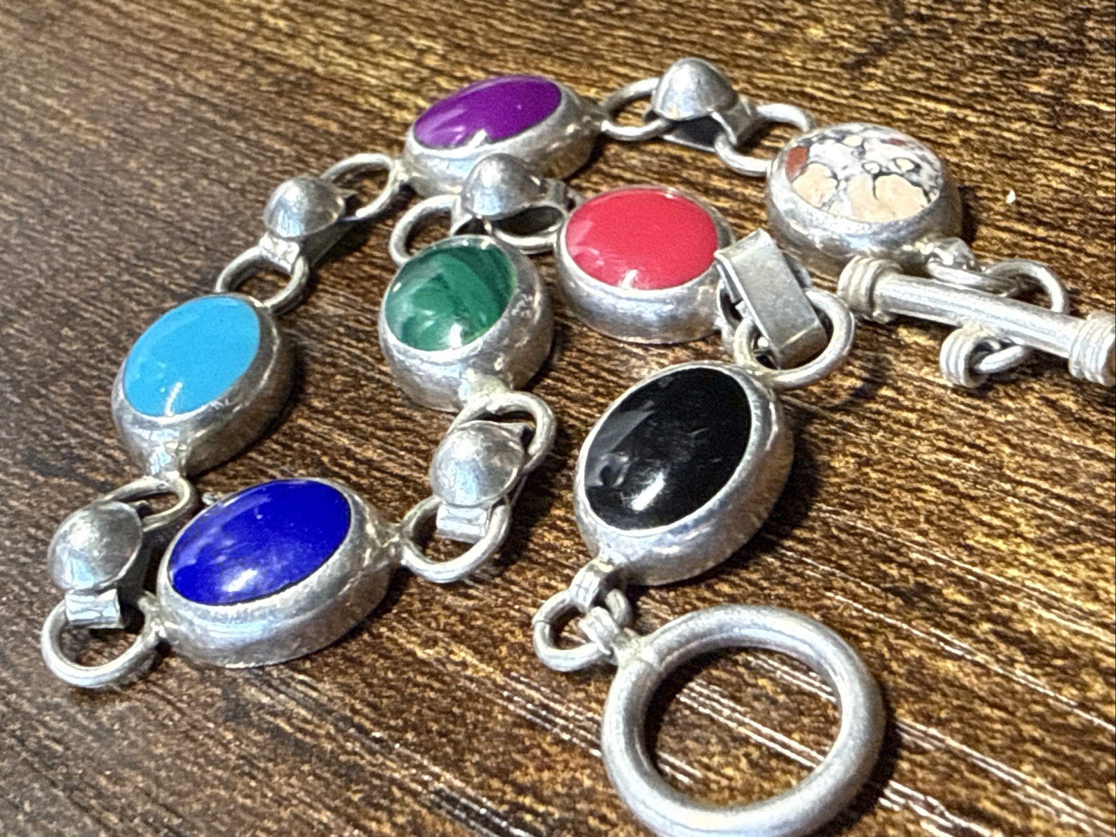 ATI Mexico Bracelet Link Multicolor Multi-Stone Handmade 8.5”Sterling Silver 925