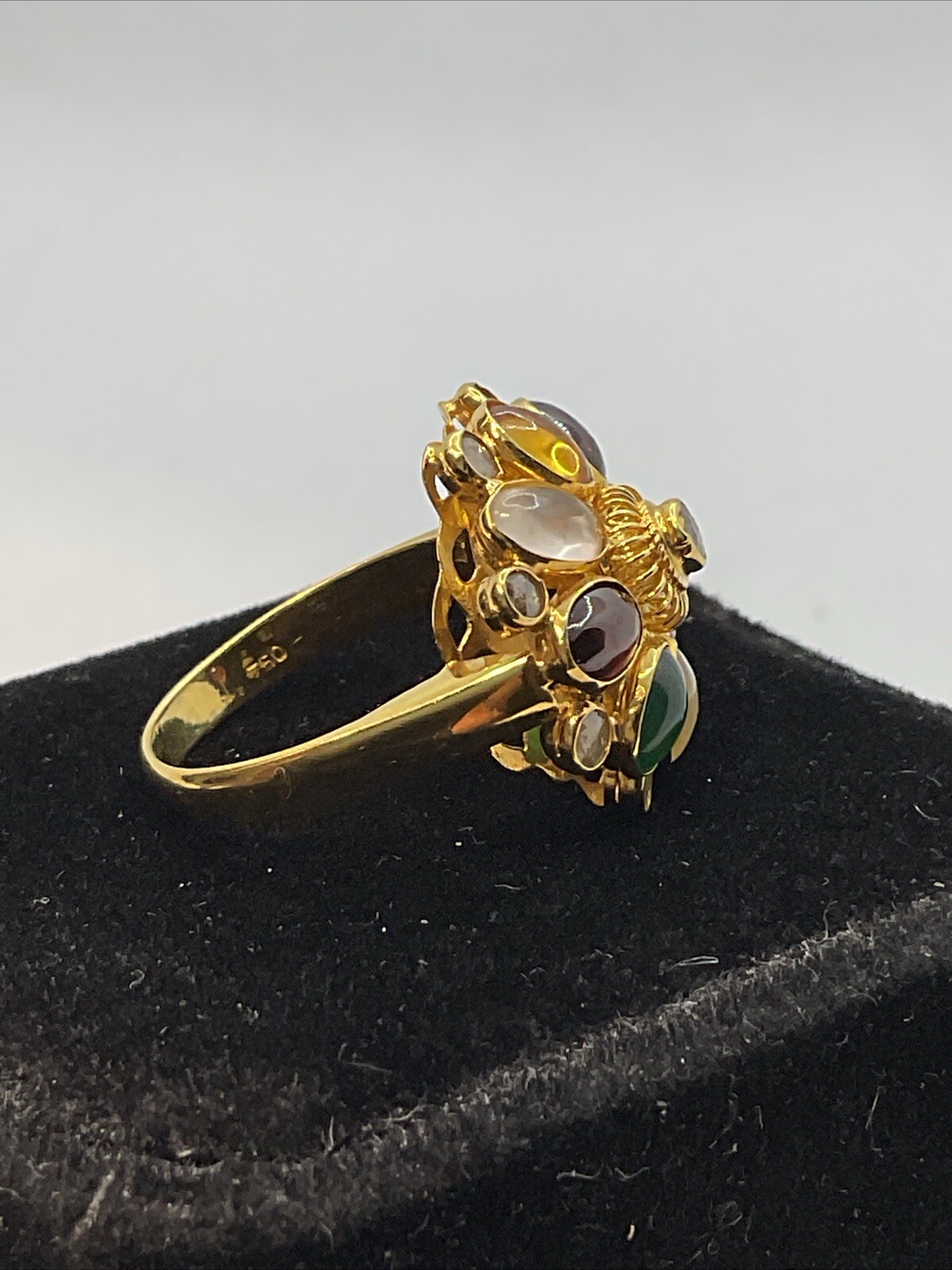 VINTAGE HANDMADE Solid 18K (750) Multicolor Gemstones & Rose Cut Diamonds Ring