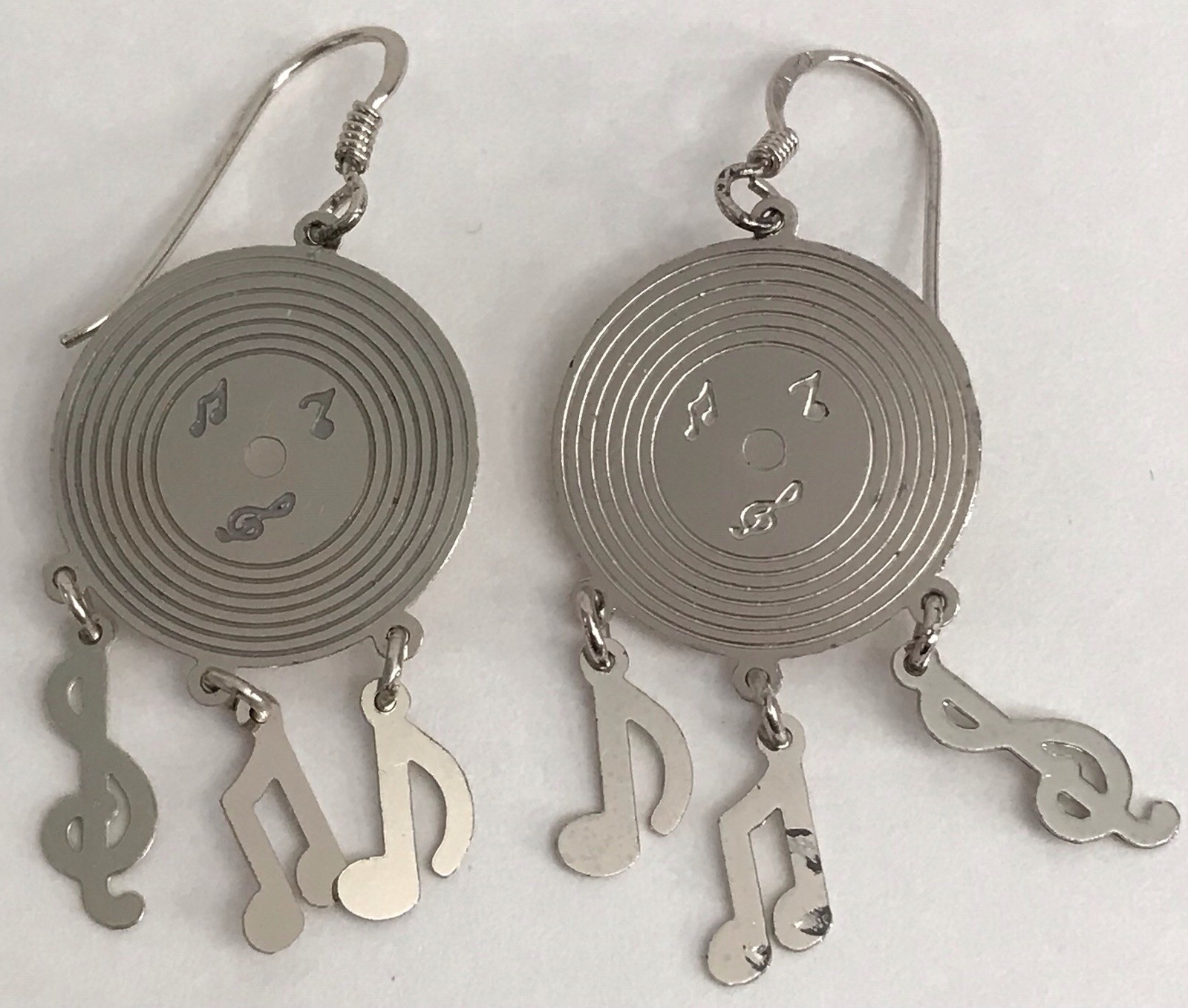 925 Sterling Silver Vinyl Record Earrings Music Notes Dangle Vintage Rock & Roll