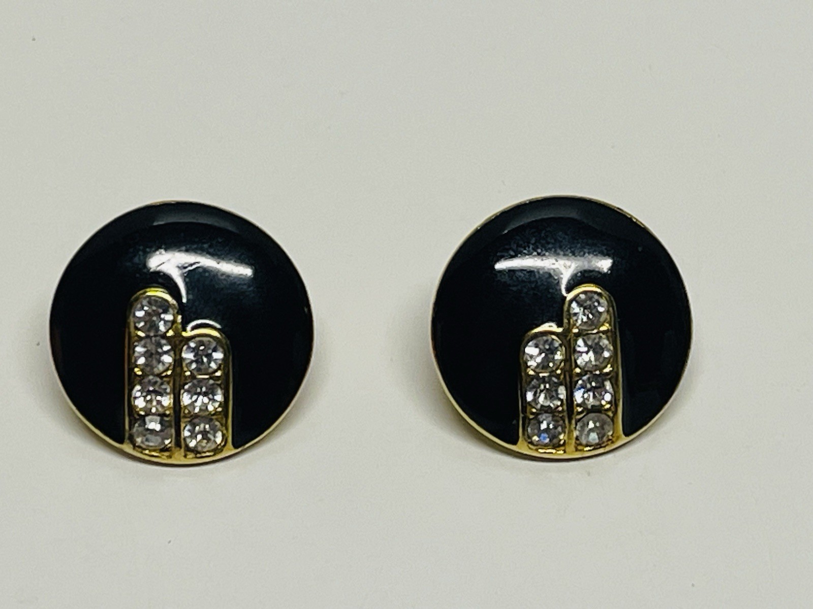 Vintage MONET Black Enamel Rhinestones Goldtone MCM Brooch And Earrings Set