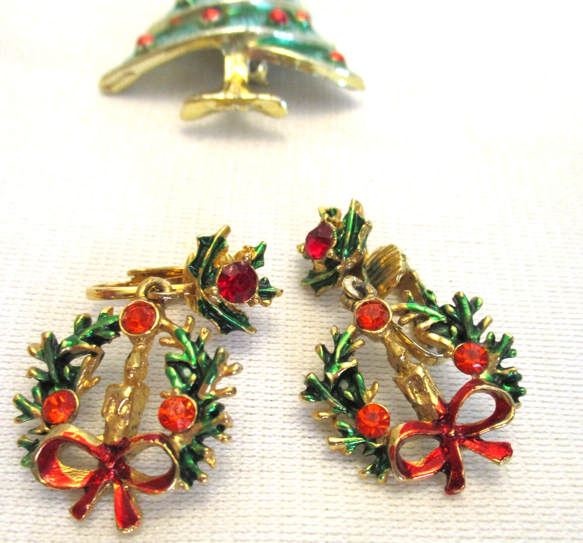 Vtg Enamel & Red Rhinestone BROOCH Christmas Tree & RS Clip EARRINGS