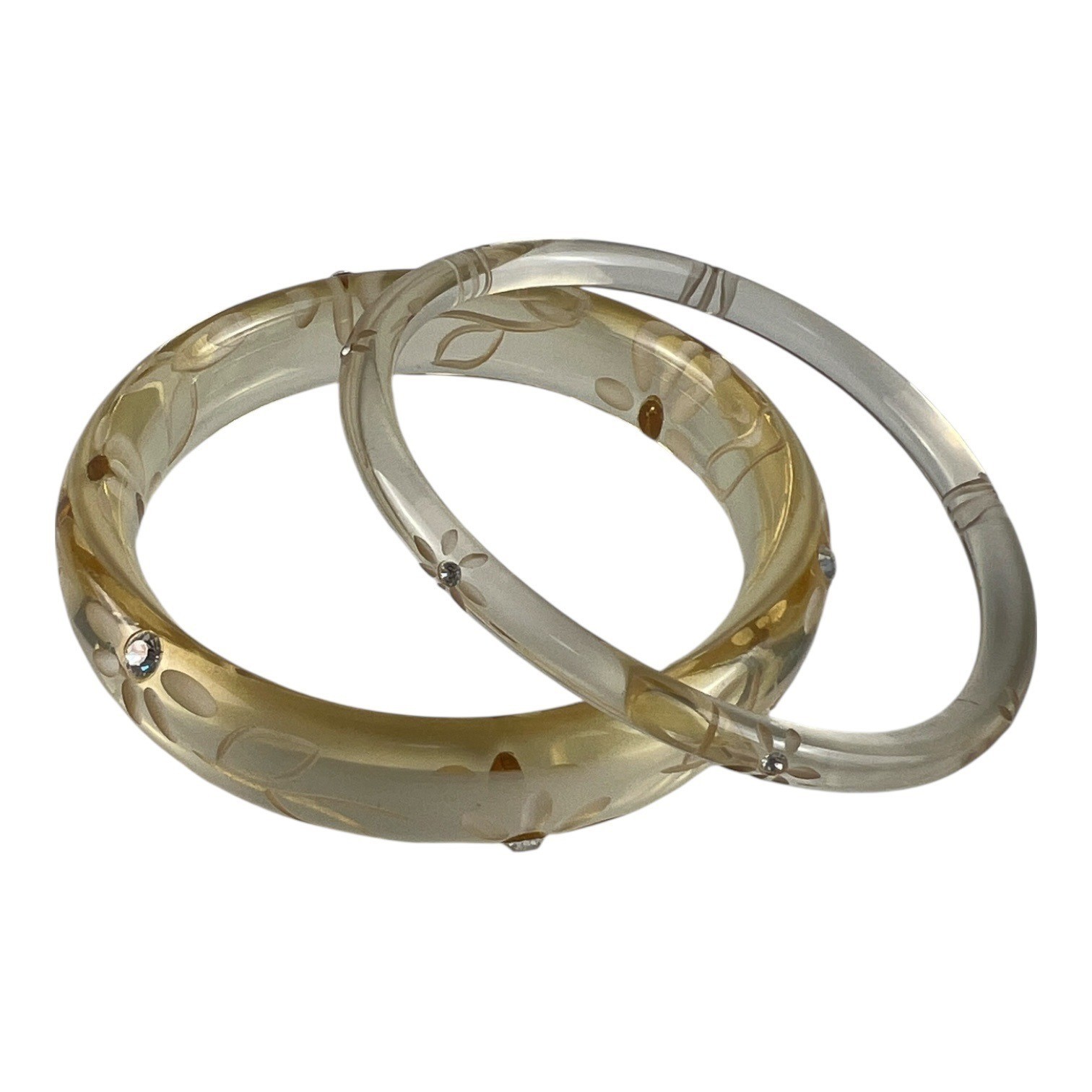 Vintage Lucite Bangle Set Carved Daisy Rhinestone Bracelets Clear Retro