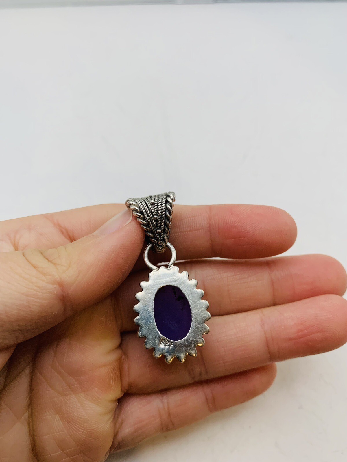 Vintage Sterling Silver Bohemian Purple Blue Oval Dainty Natural Stone Pendant