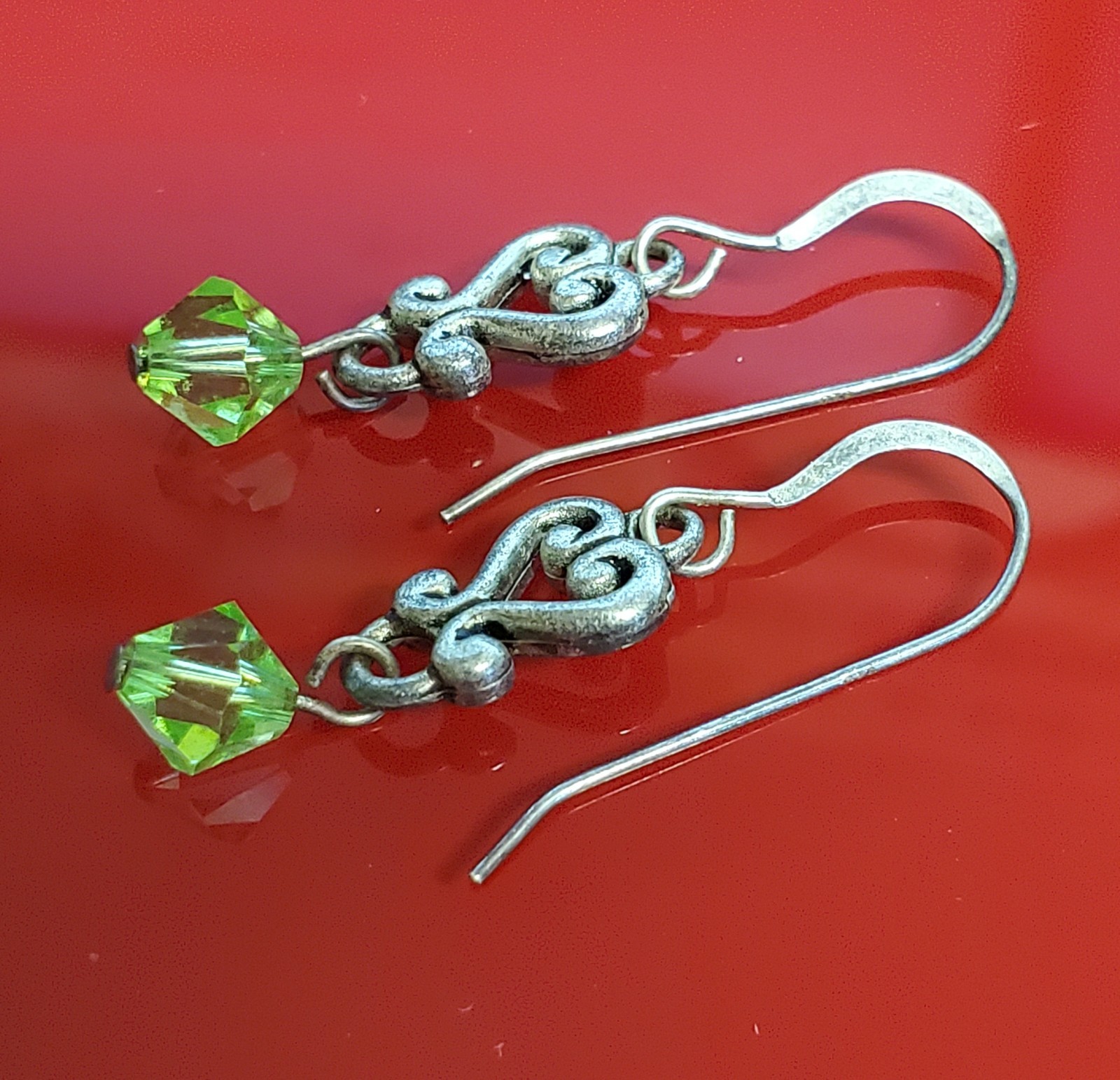 VTG 925 Green Bicone Crystal Earrings 1.25in Drop Sterling Silver Heart Scroll