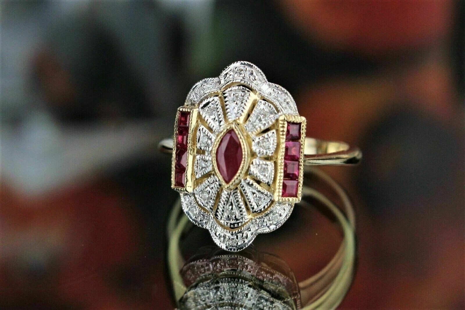 2.85Ct Art Deco Style Red Lab Created Ruby Engagement Wedding 14K Gold FN Ring