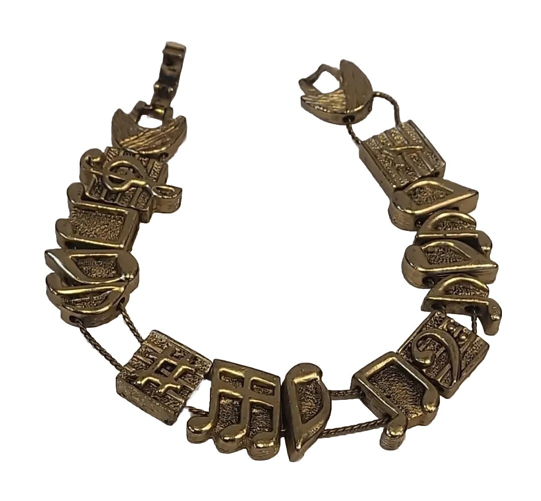 Musical Slider Charm Bracelet Vintage TOFA 1995 BG Signed Gold Tone Treble Notes