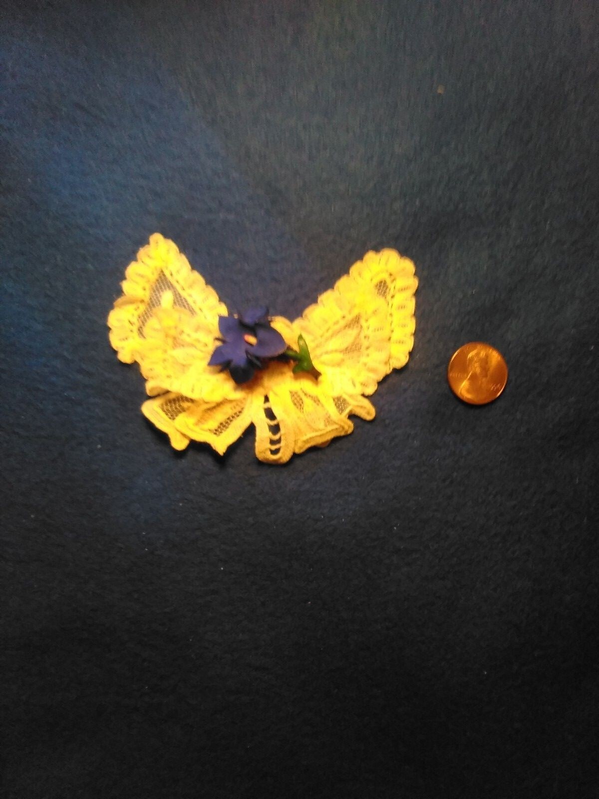 Vintage Violet Blue Floral Brooch Pin On Butterfly Shaped Delicate White Lace