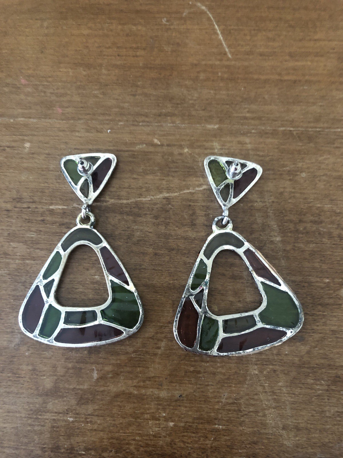 Vintage Mosaic-like Triangular Drop Dangle Earrings Green Brown Earthtones