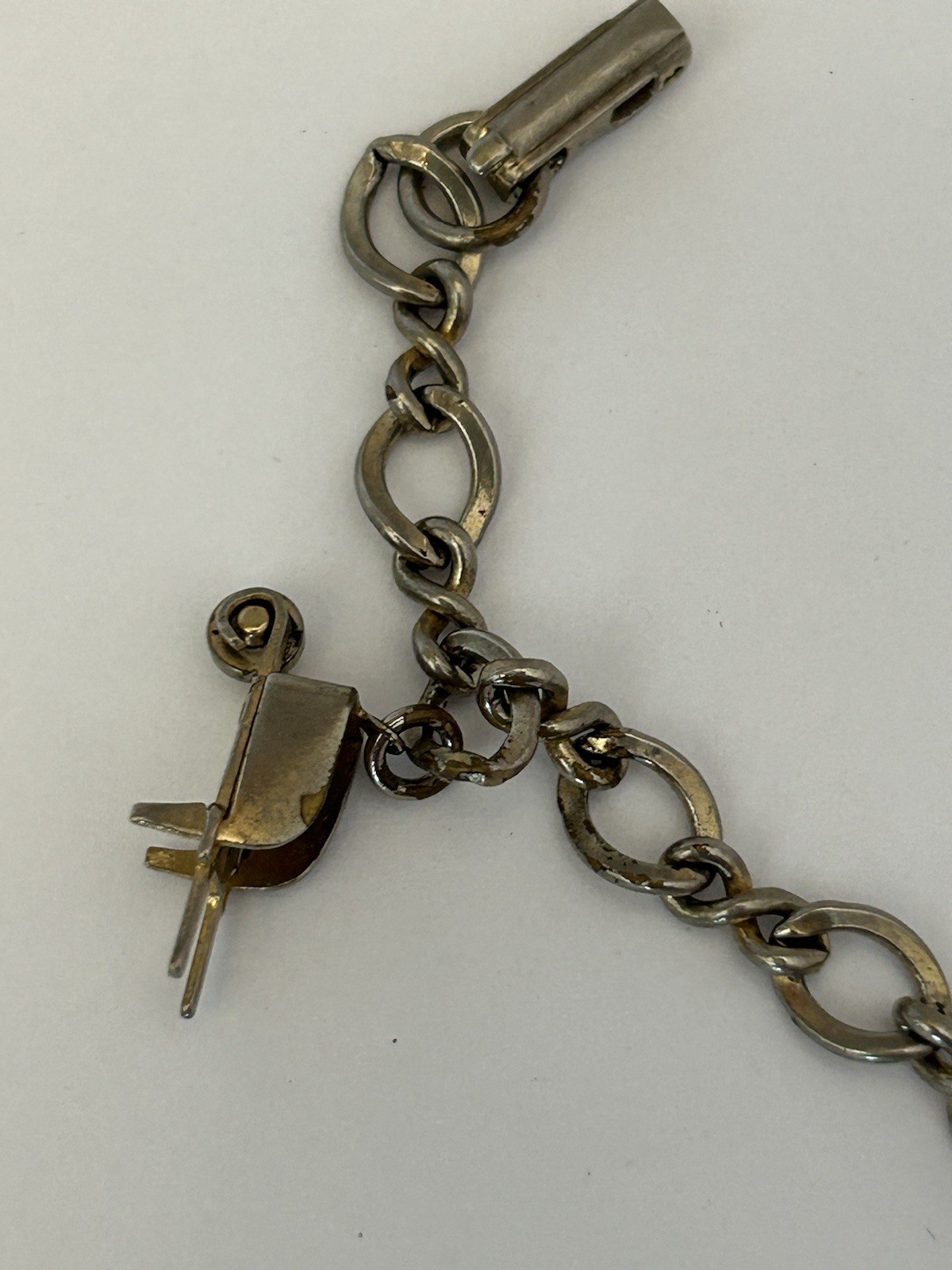 Vintage Silver Tone Bracelet With Hammer Wheelbarrow And Teapot Charms B17