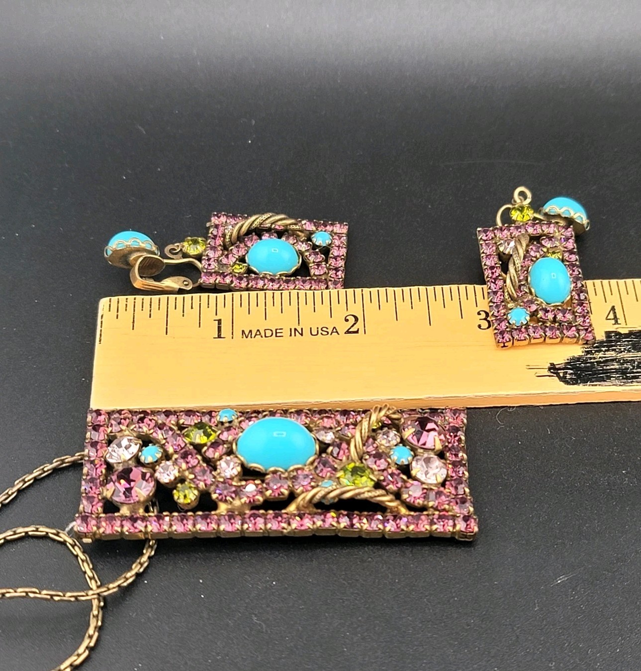 Vtg 3 pc Set Brooch Pendant Earrings Purple Rhinestones Blue Cabochons Jewelry