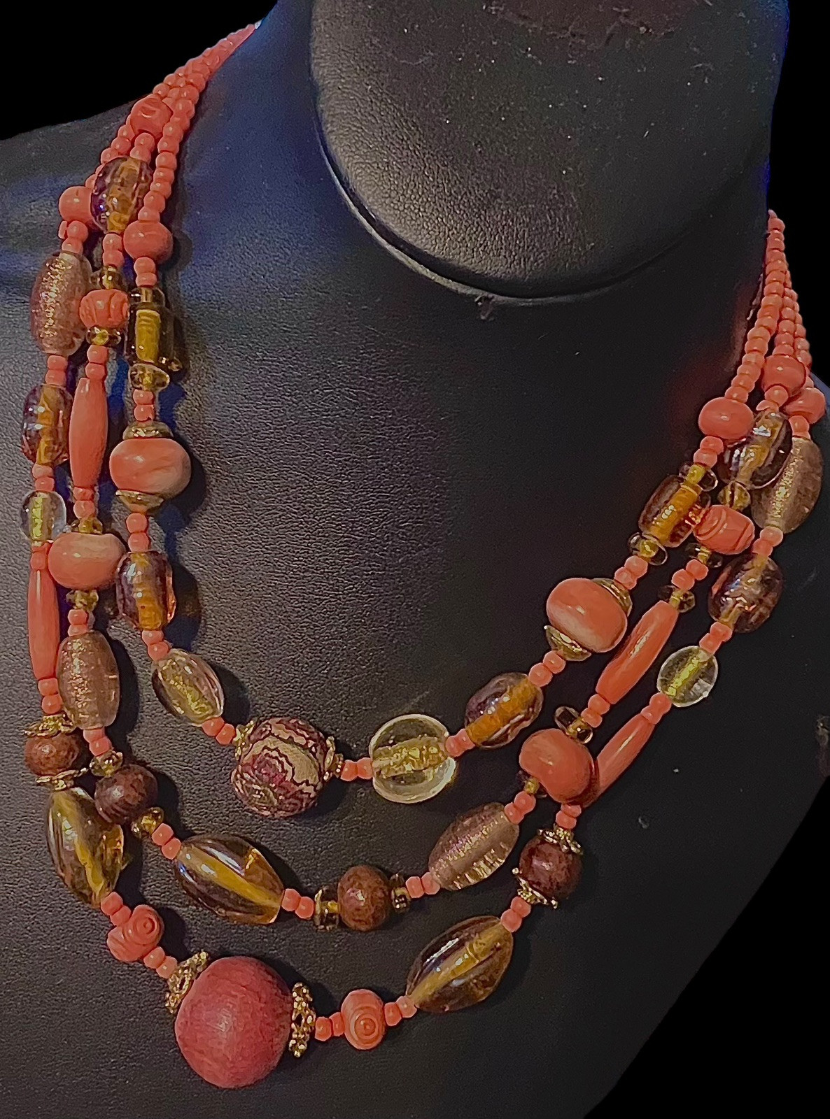 18” Unbranded 3 Strands Of Peach Seed Beads Brown & Gold Beads Plastic Rose Bead