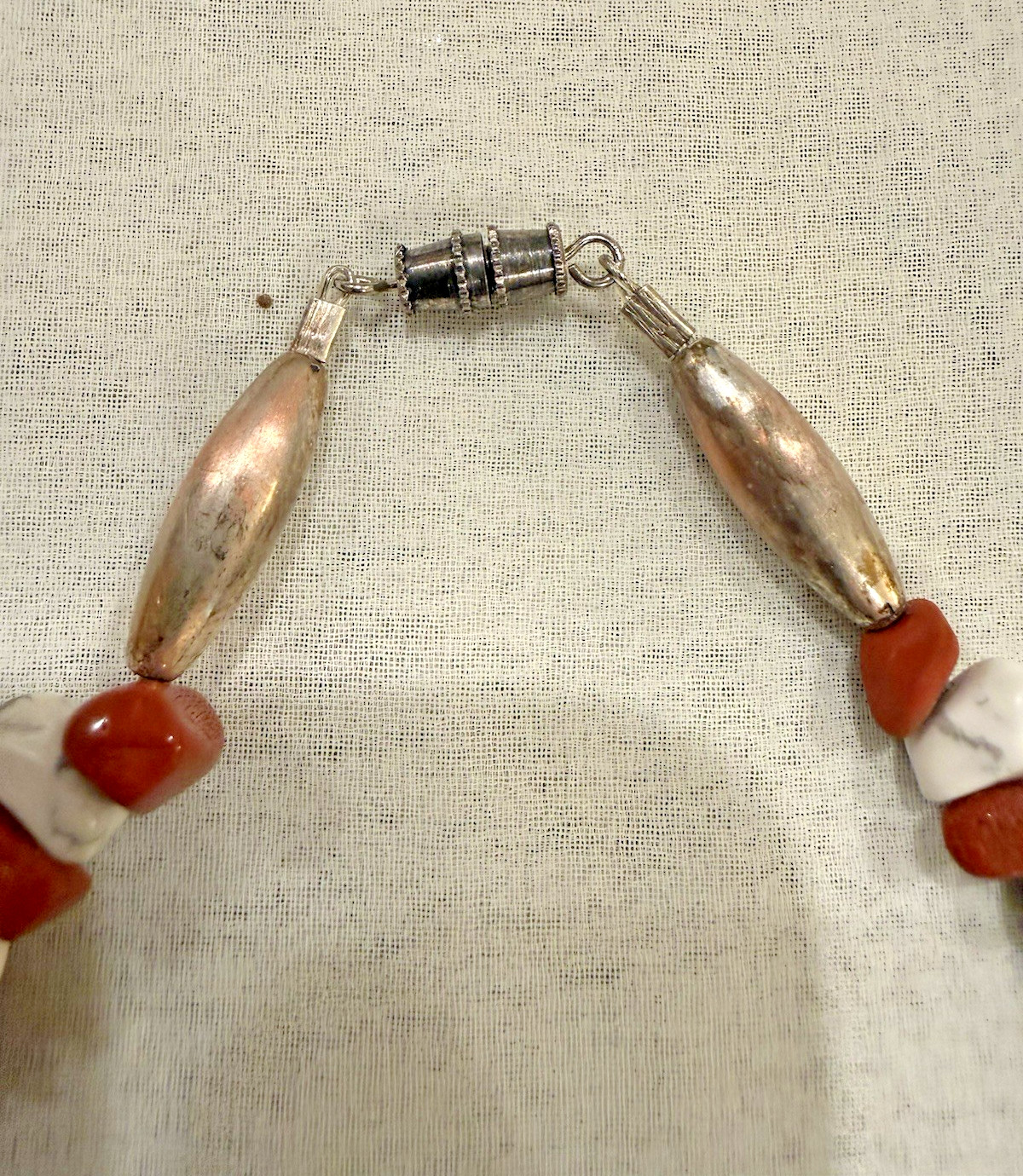 Vintage Artisan Ceramic Pottery Bead Necklace with Wood and Natural Stone Chips