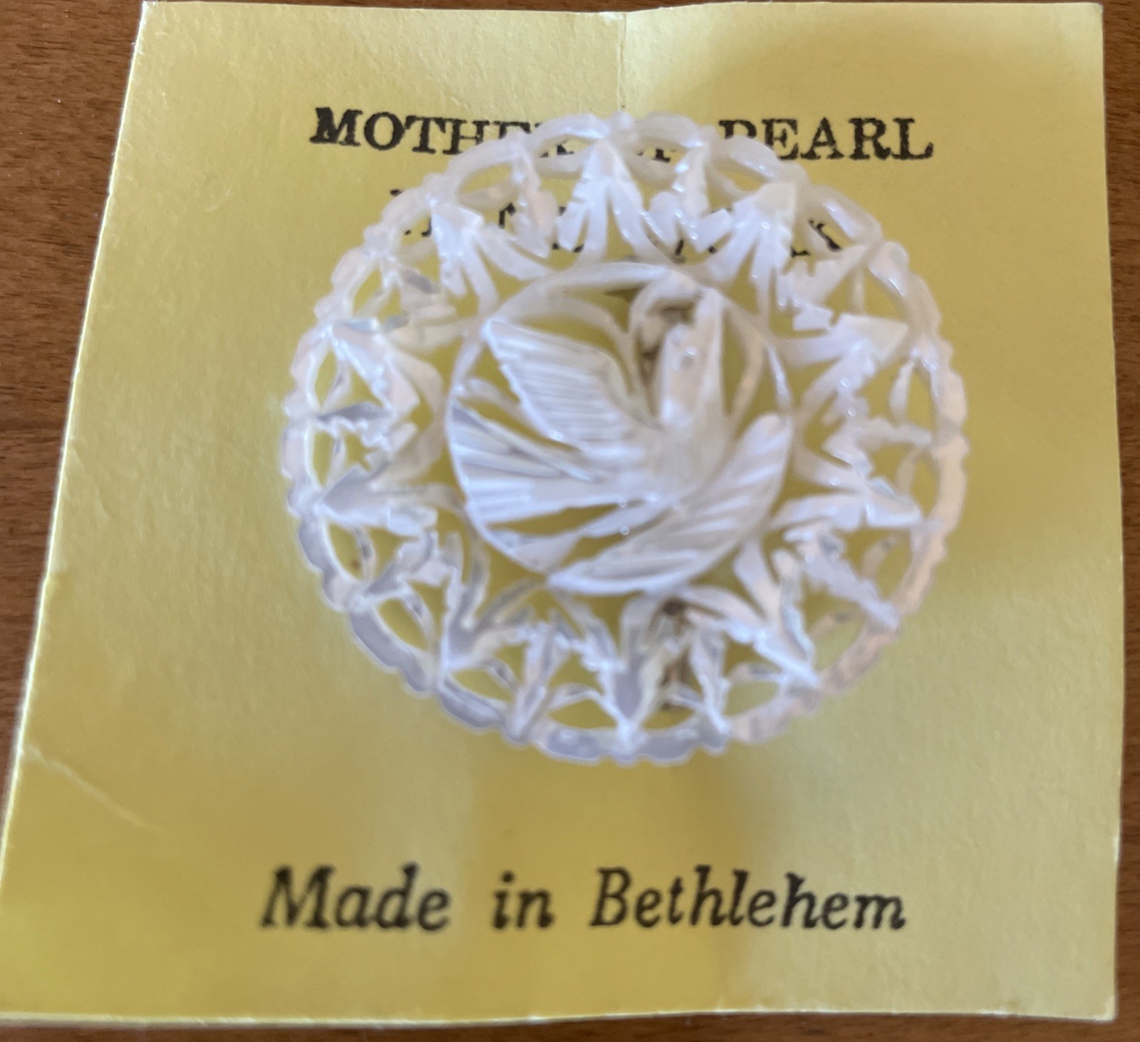 Vintage Hand Made Mother of Pearl Dove Of Peace Brooch Pin 1991 Bethlehem