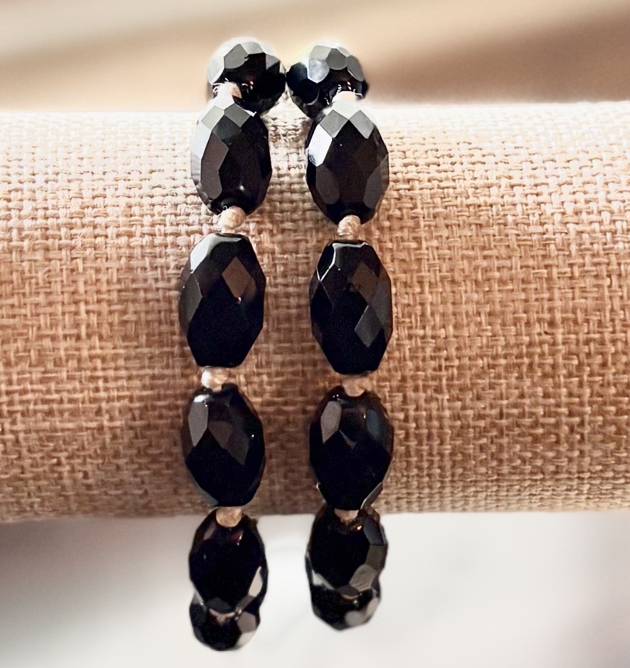 1930s–1950s Czech BLACK GLASS Bracelet French Jet Style Toggle Silk Knots