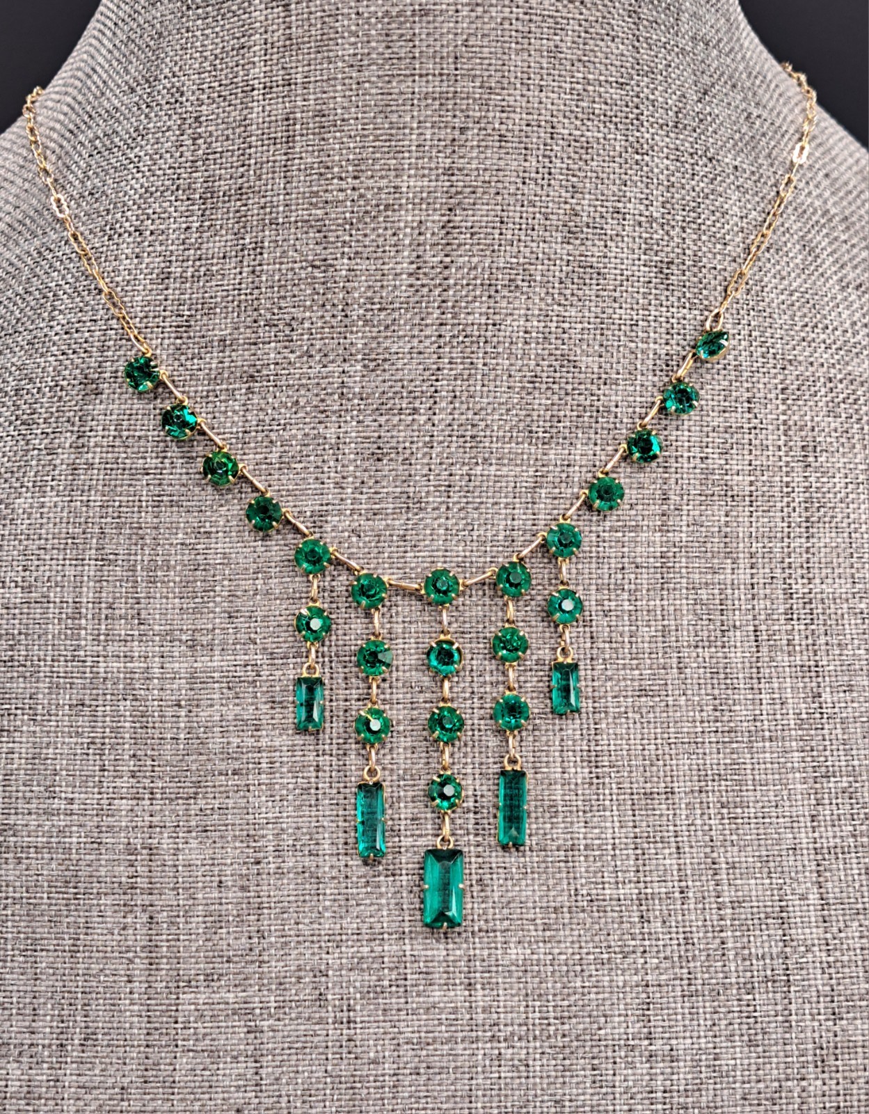 Vintage Art Deco Revival Green Glass Festoon Bib Necklace Gold Tone Fringe Drops