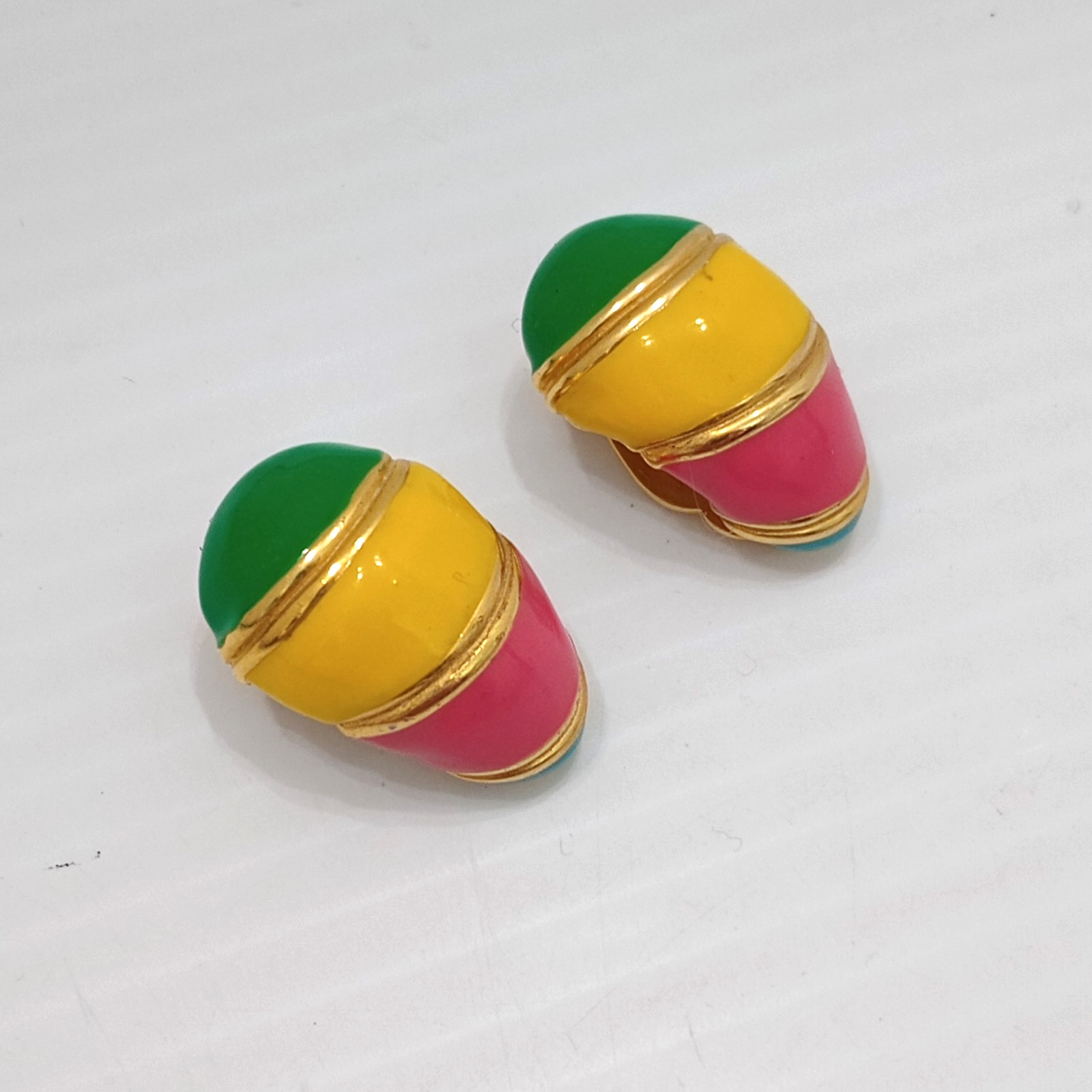 Gay Boyer Clip On Earrings Neon Pink Yellow Green Enamel Gold Tone easter