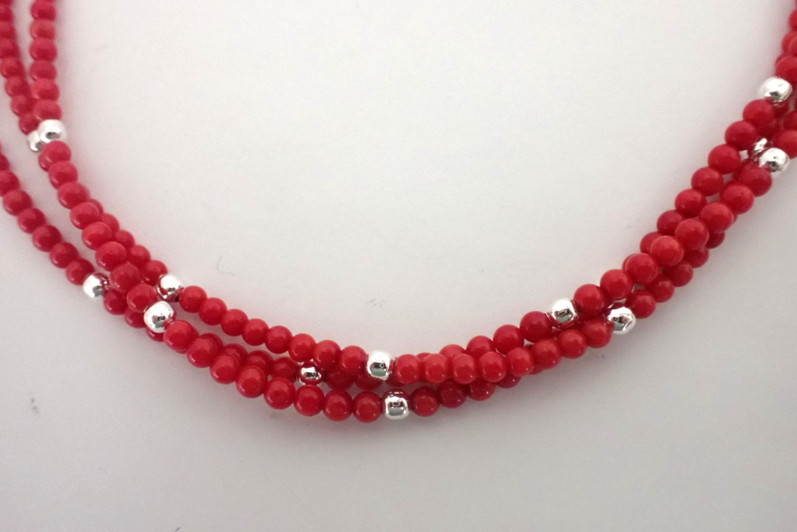 Vintage Sterling Silver & Red Coral Bead Necklace 3 Strands 19″ Long