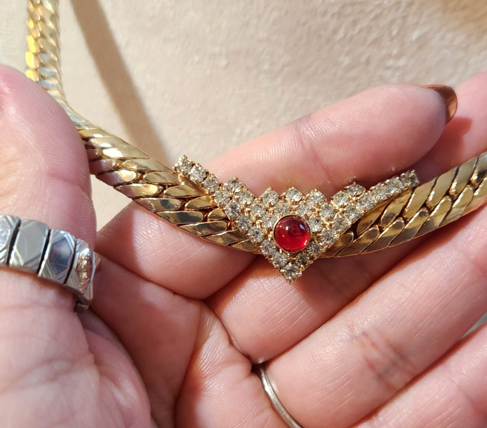 Flat Gold-toned Necklace V Shape Rhinestones Station Pendant & A Red Dot Glass