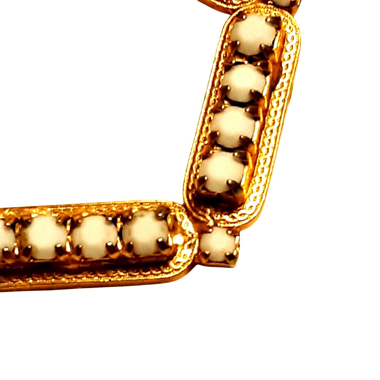 Vintage Gold-Tone Hexagonal Brooch With White Beaded Accents & Safety Clasp