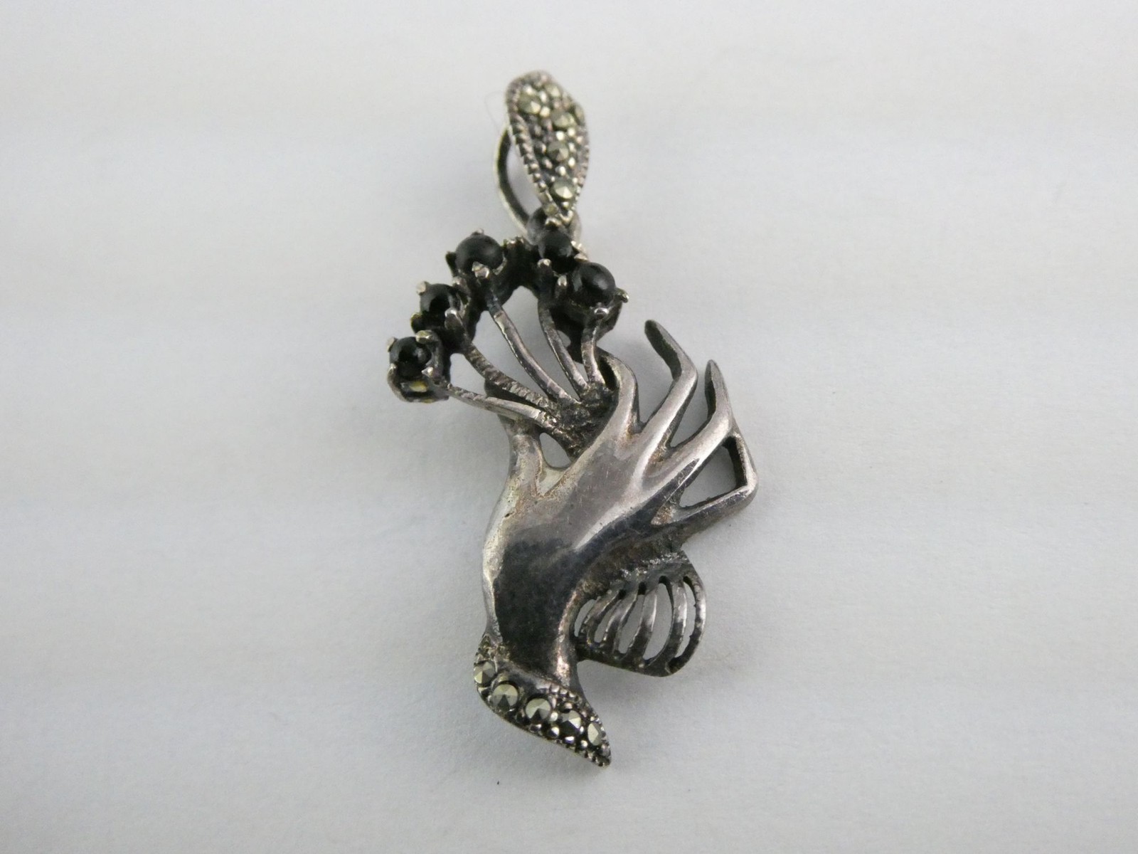 Marsala CW Sterling Silver Hand Holding Black Onyx Flowers Marcasite Pendant 2g