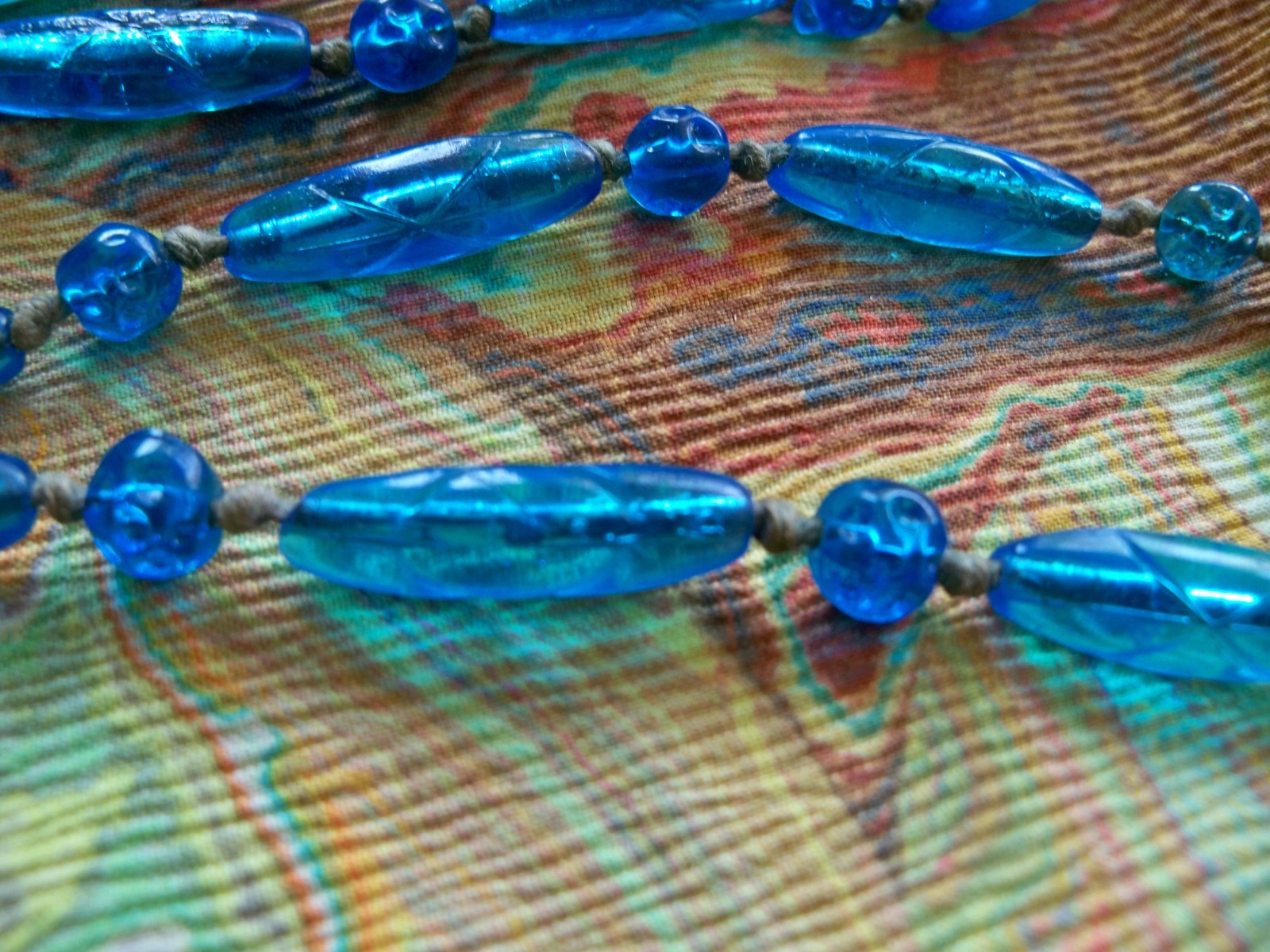 victorian vintage 20s DECO NECKLACE blue GLASS BEAD 50″ LONG egyptian revival