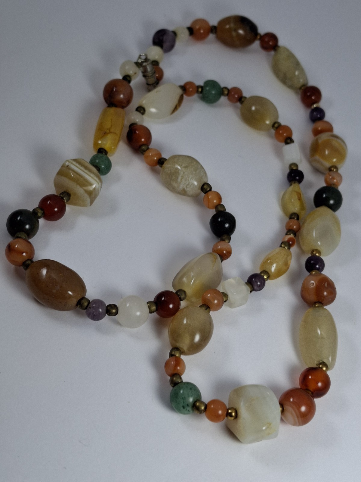 Vintage Necklace Polished Stones Earthtones Mod Boho hippy westerncore brass