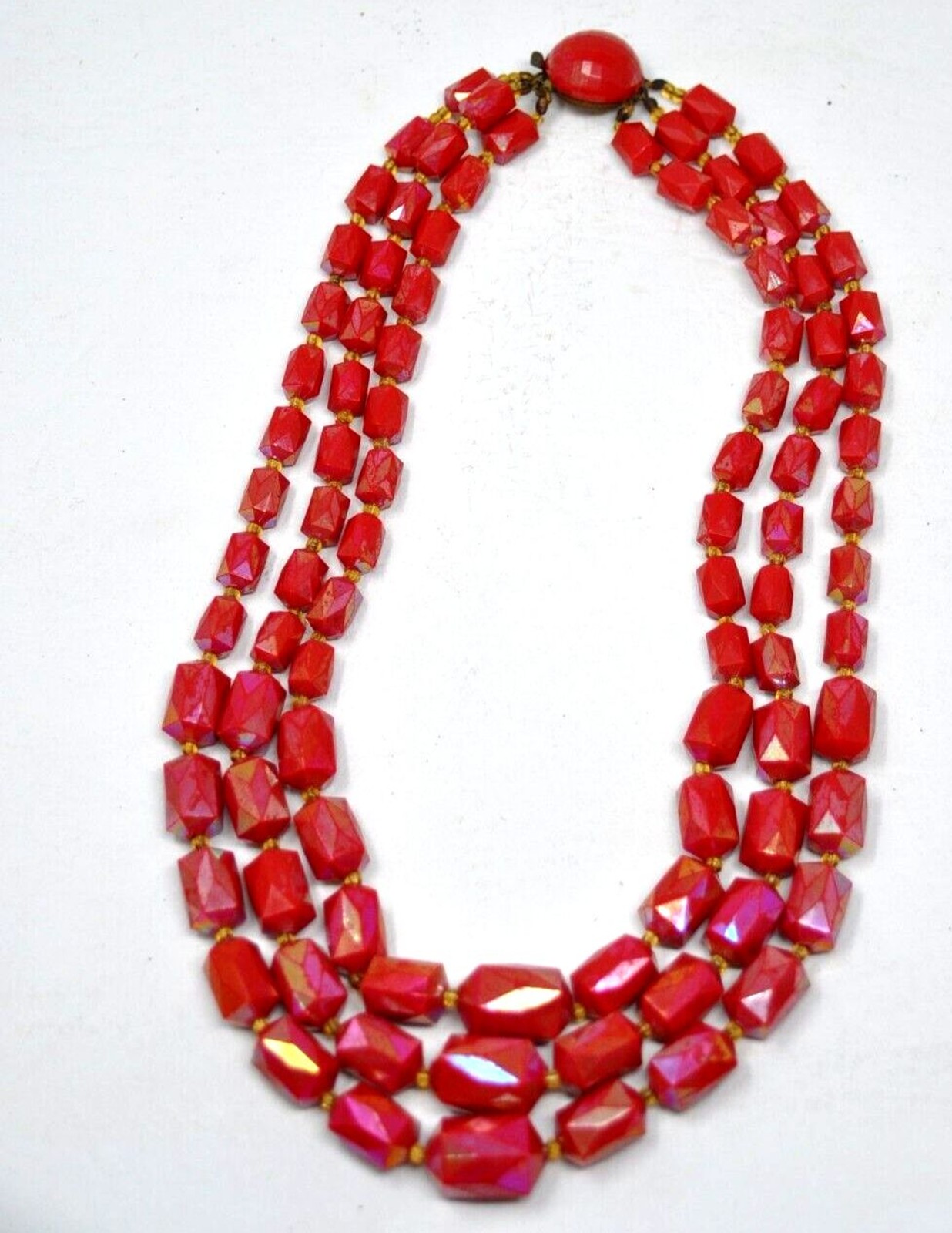 Vintage Austria Red Iridescent Triple 3 Strand Faceted Beaded Necklace