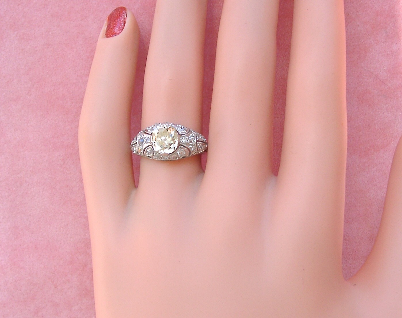 ANTIQUE ART DECO 1.52ct YELLOW EURO DIAMOND PLATINUM ENGAGEMENT RING 1930 sz 6.5