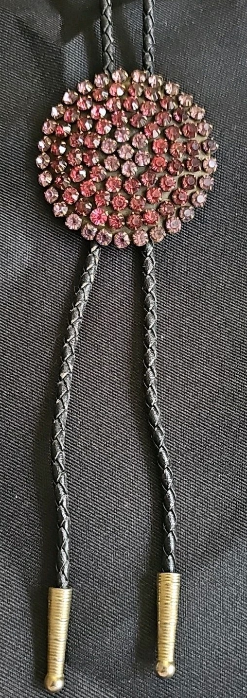 Vintage PINK Rhinestone Lariat Bolo Leather Necklace