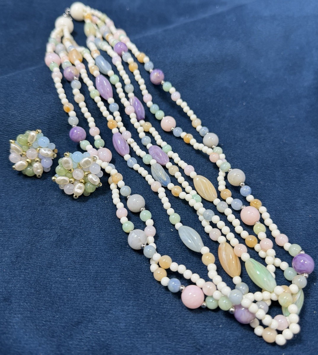 Vintage Multi Strand Glass Beaded Necklace Earrings Set 3 PC Lavender Pastels