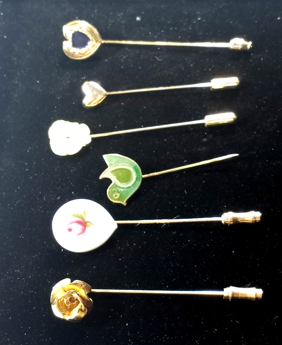 Vintage 6 Lovely Gold Color Hearts And Flowers Stickpins