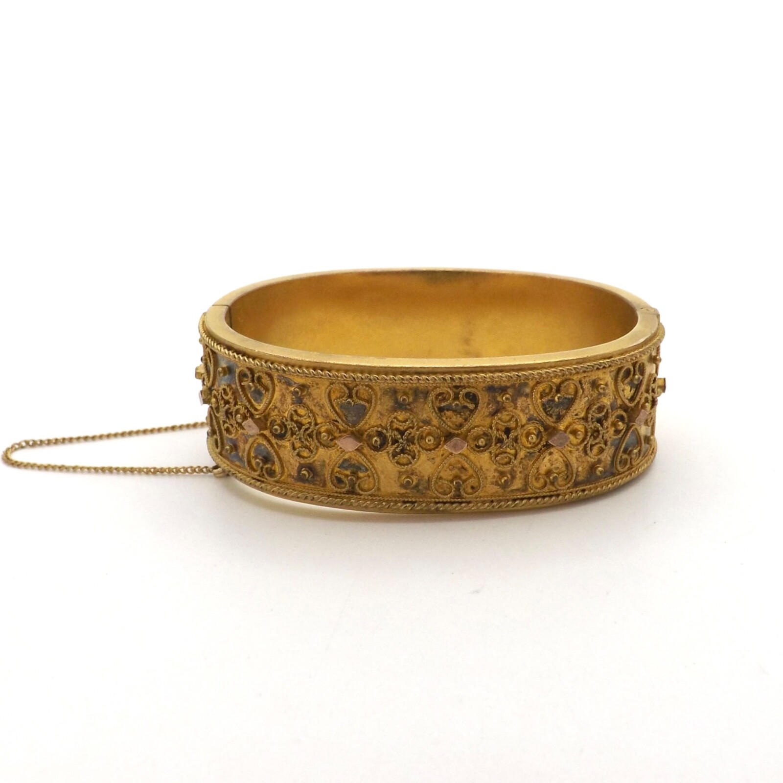 Victorian Hearts Wide Bangle Bracelet Heavy Gold Gilt Etruscan Revival