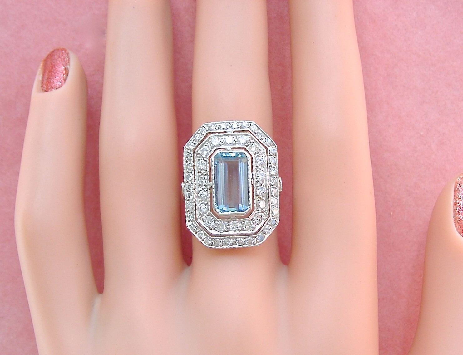 ESTATE DECO 1.55ct AQUAMARINE 1ctw OLD DIAMOND PLATINUM COCKTAIL RIGHT-HAND RING