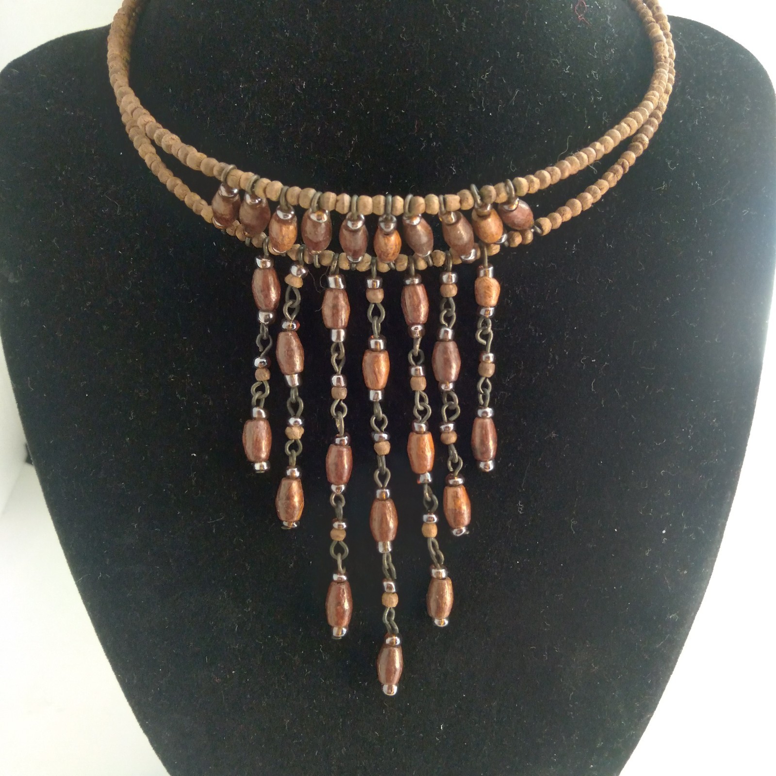 Vintage Bead Double Layer Multi Chain Tension Dangle Choker Necklace