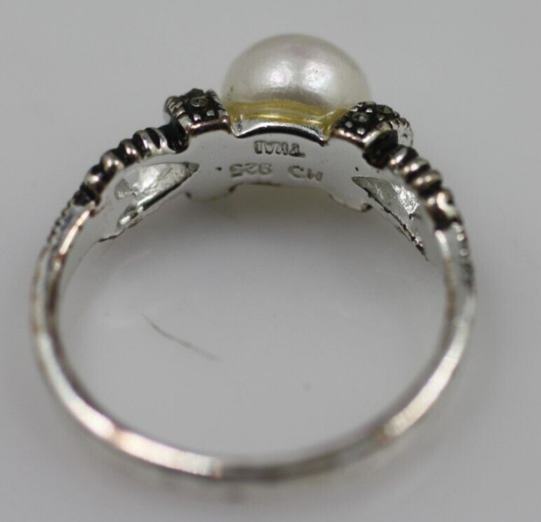 925 Sterling Silver white cultured pearl & marcasite CW Ring size 7 1/2