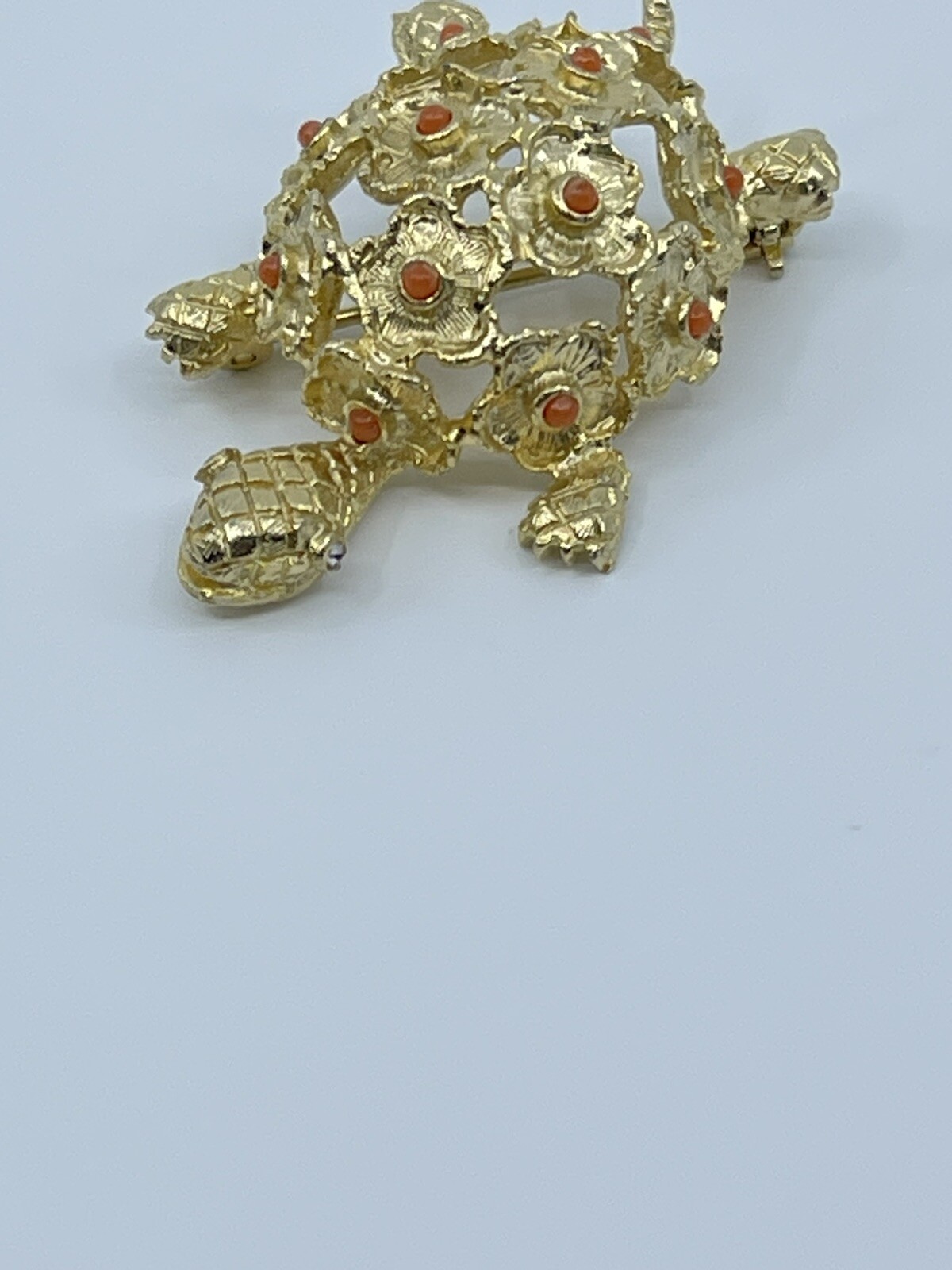 Vintage Brooch Pin De Nicola turtle faux coral and green rhinestone 1-3/4″