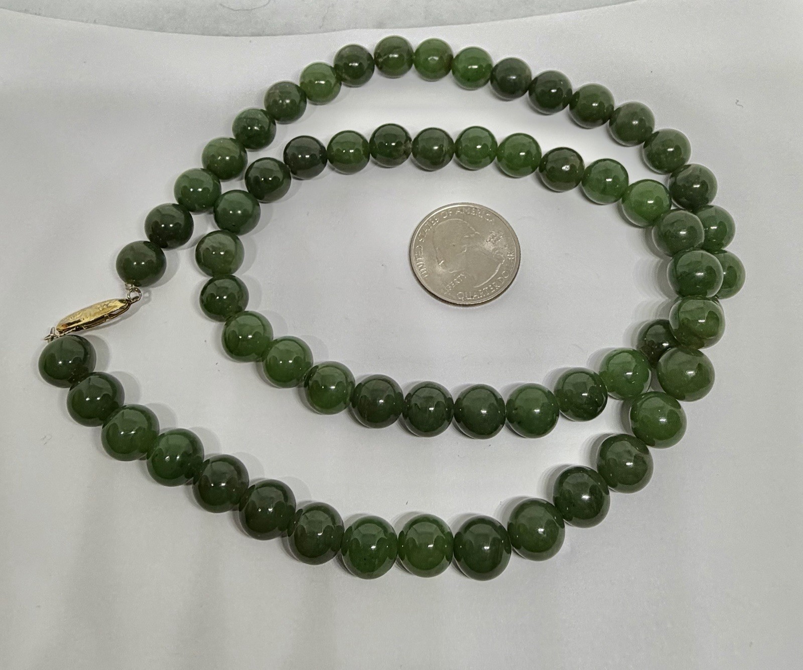 Vintage 8mm Dark Green Jade Beads Necklace Goldtone Clasp 23”