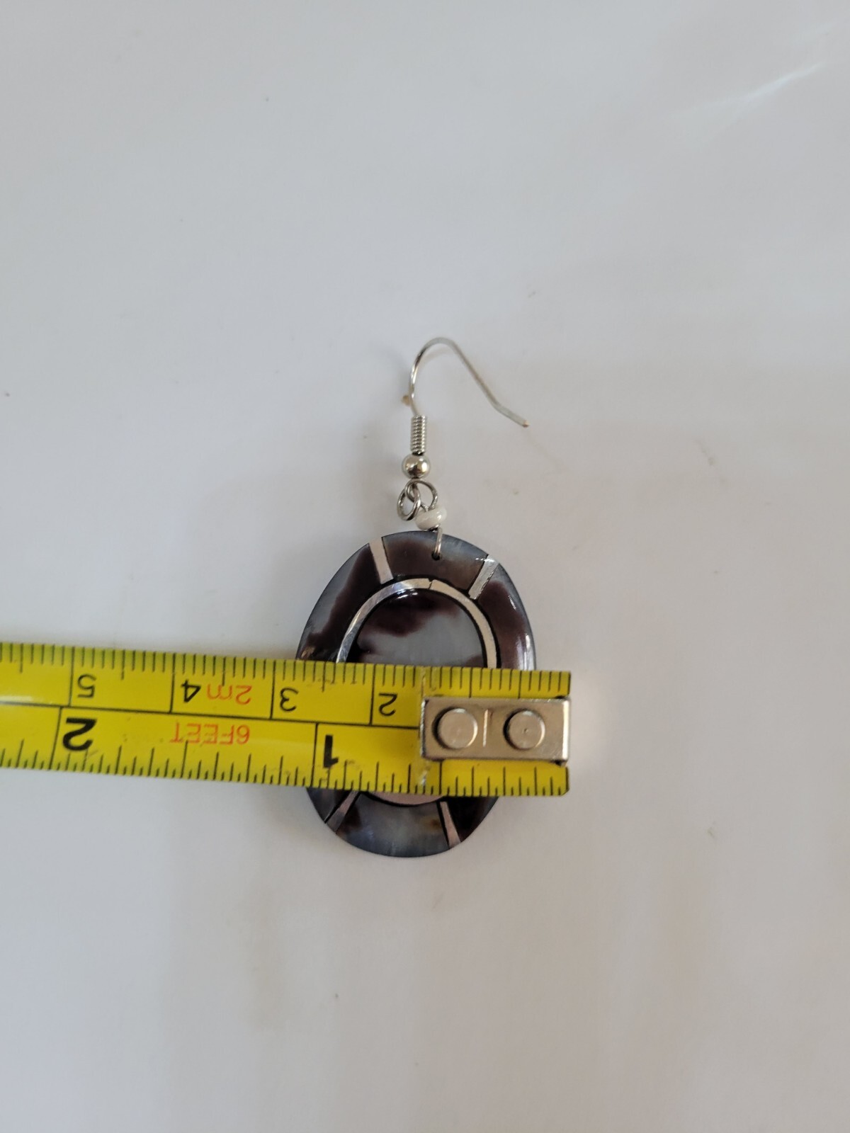 Shell and Metal Mosaic Acrylic Inlay Lee Sands Style Dangle Pierced Earrings