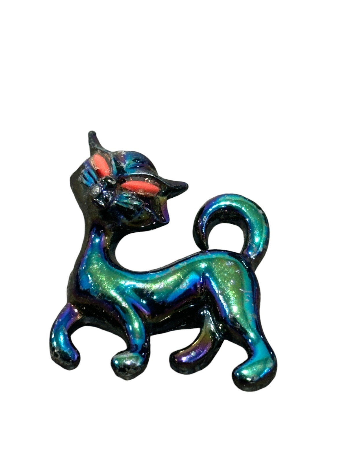 Vintage Iridescent Lusterware Cat Scatter Brooch Pin Red Eyes Oil Slick
