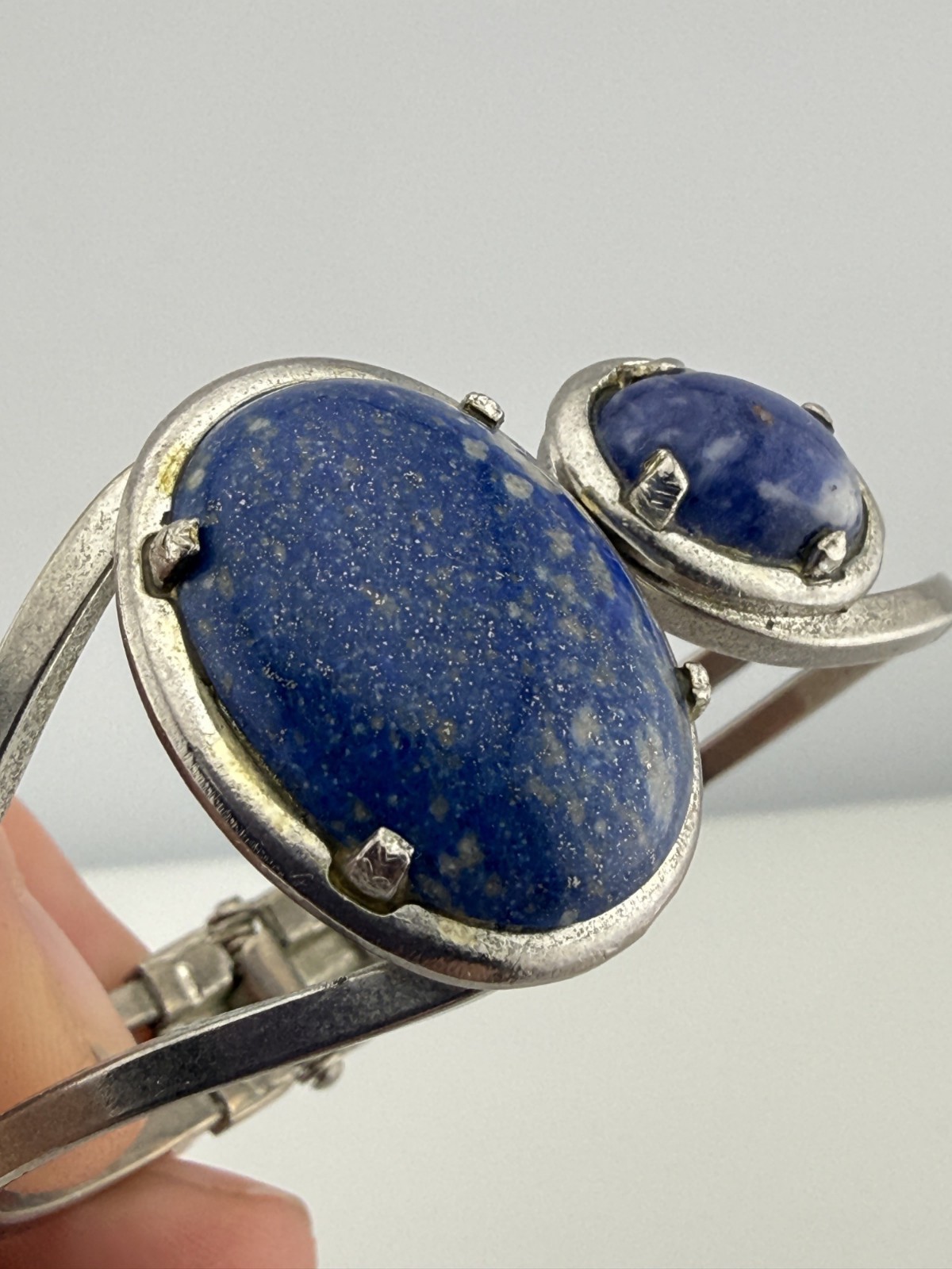 Vintage Cuff Bracelet Oval Blue Stone Cabochons Hinged Boho Classic