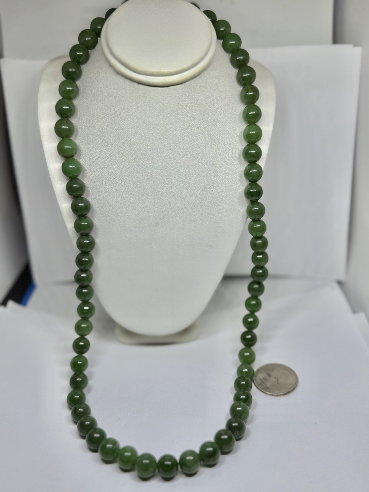 Vintage 8mm Dark Green Jade Beads Necklace Goldtone Clasp 23”